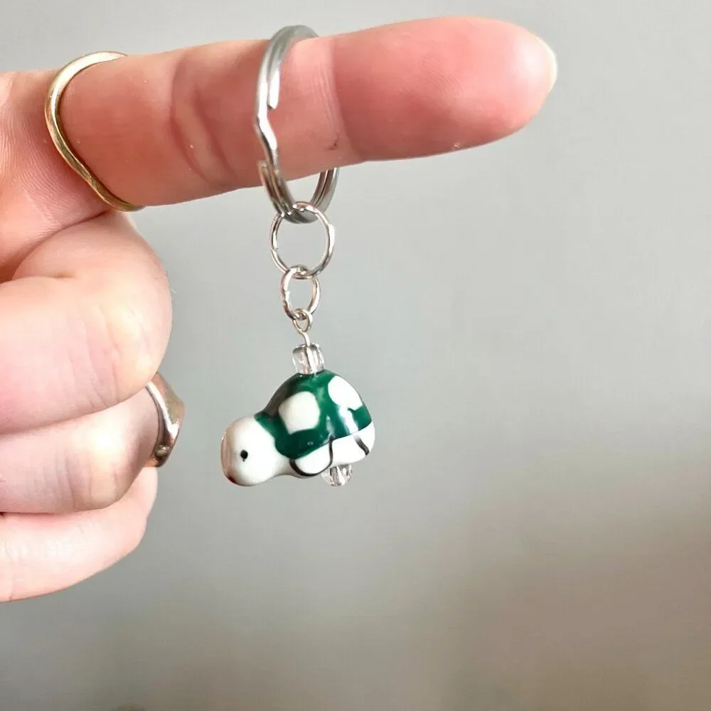 Green and White Ceramic Spotted Turtle Charm Key Chain